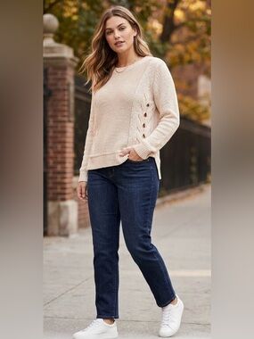 Scoop NYC Cream Knit Crewneck Sweater W/Open Cable Knit Side Accent Size Small